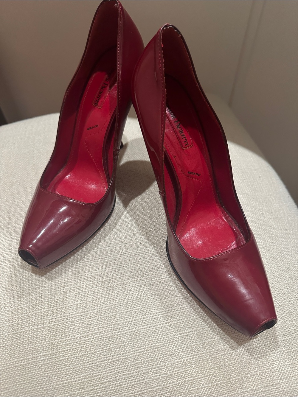 Cesare Paciotti Burgundy Patent Peep-Toe Heels
